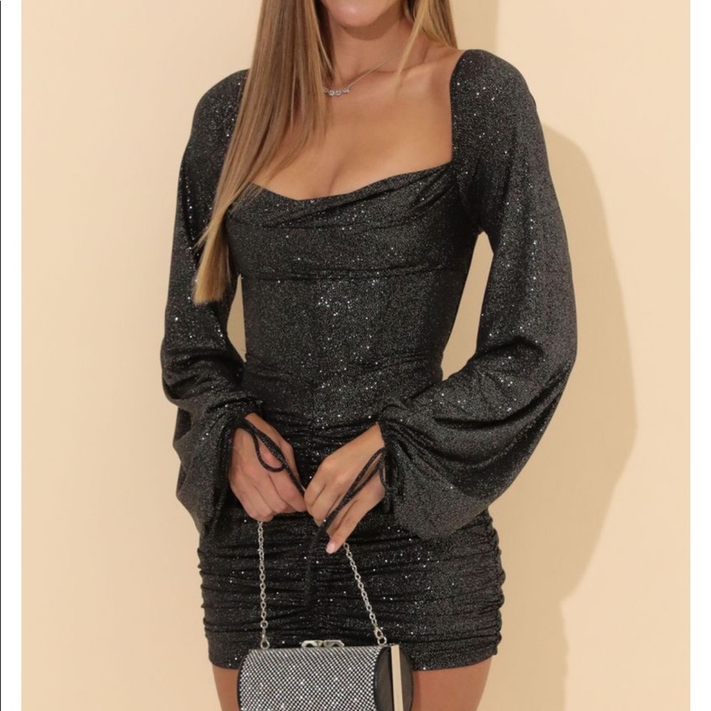 Lucy in the Sky Jacky Glitter Long Sleeve Corset Dress in Black